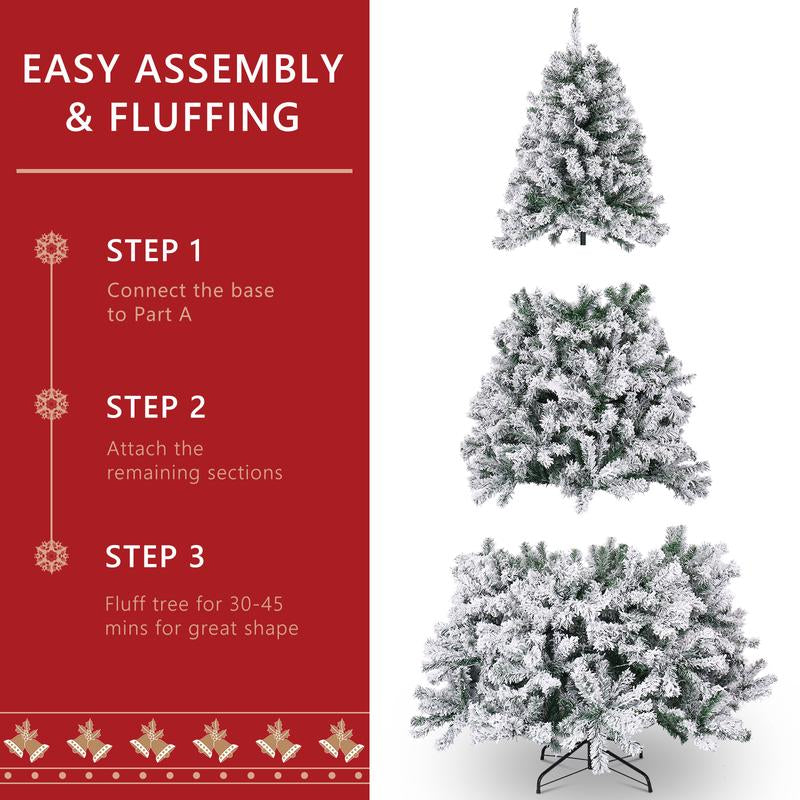 Okicoler 6.5 Ft Pre-Lit Artificial Christmas Tree with 250 Incandescent Warm White Lights, Snow Flocked Full Prelighted Xmas Tree W/850 Branch Tips, Foldable Stand, White Party Decorations Durable Materials Ornaments Backdrop