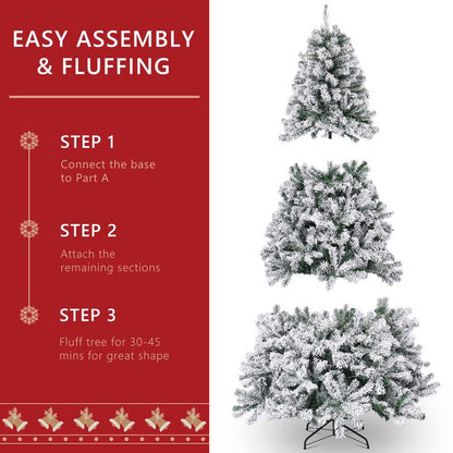 Okicoler 6.5 Ft Pre-Lit Artificial Christmas Tree with 250 Incandescent Warm White Lights, Snow Flocked Full Prelighted Xmas Tree W/850 Branch Tips, Foldable Stand, White Party Decorations Durable Materials Ornaments Backdrop