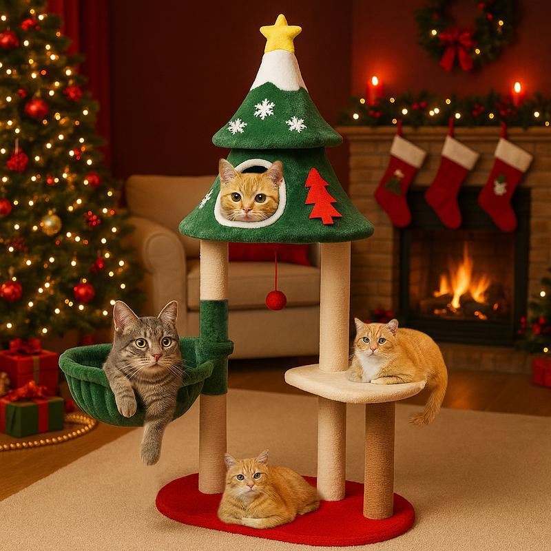 Comhoma 52" Christmas Cat Tree with 2 Cozy Houses,Indoor Modern Cat Tower with Anti-Tip Kit,Plush Perches & Hanging Balls,Holiday Cat Climbing Furniture for Kittens to Play and Sleep