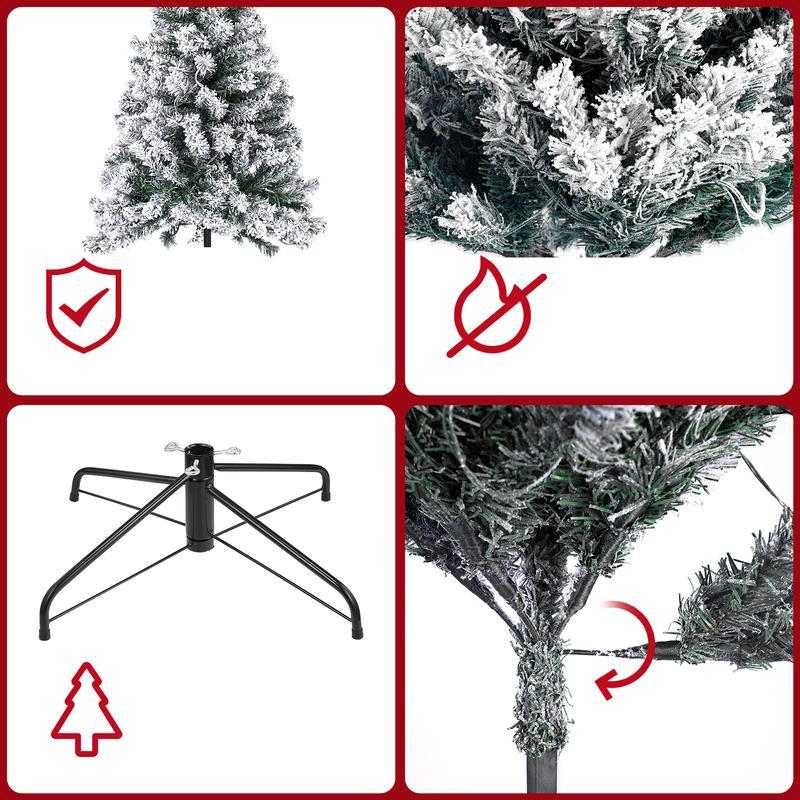 Okicoler 6.5 Ft Pre-Lit Artificial Christmas Tree with 250 Incandescent Warm White Lights, Snow Flocked Full Prelighted Xmas Tree W/850 Branch Tips, Foldable Stand, White Party Decorations Durable Materials Ornaments Backdrop