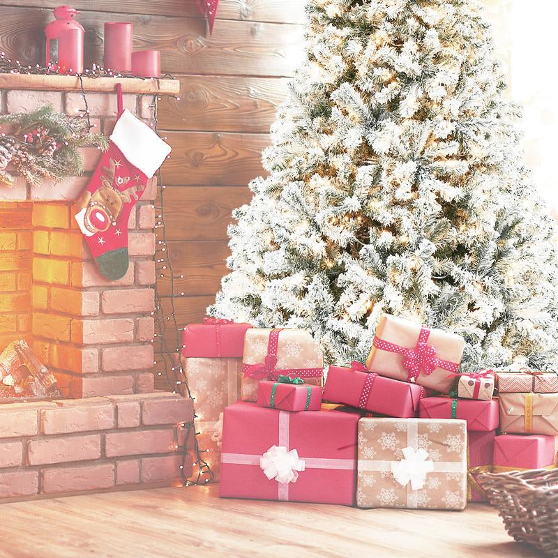 Okicoler 6.5 Ft Pre-Lit Artificial Christmas Tree with 250 Incandescent Warm White Lights, Snow Flocked Full Prelighted Xmas Tree W/850 Branch Tips, Foldable Stand, White Party Decorations Durable Materials Ornaments Backdrop