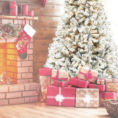 Okicoler 6.5 Ft Pre-Lit Artificial Christmas Tree with 250 Incandescent Warm White Lights, Snow Flocked Full Prelighted Xmas Tree W/850 Branch Tips, Foldable Stand, White Party Decorations Durable Materials Ornaments Backdrop