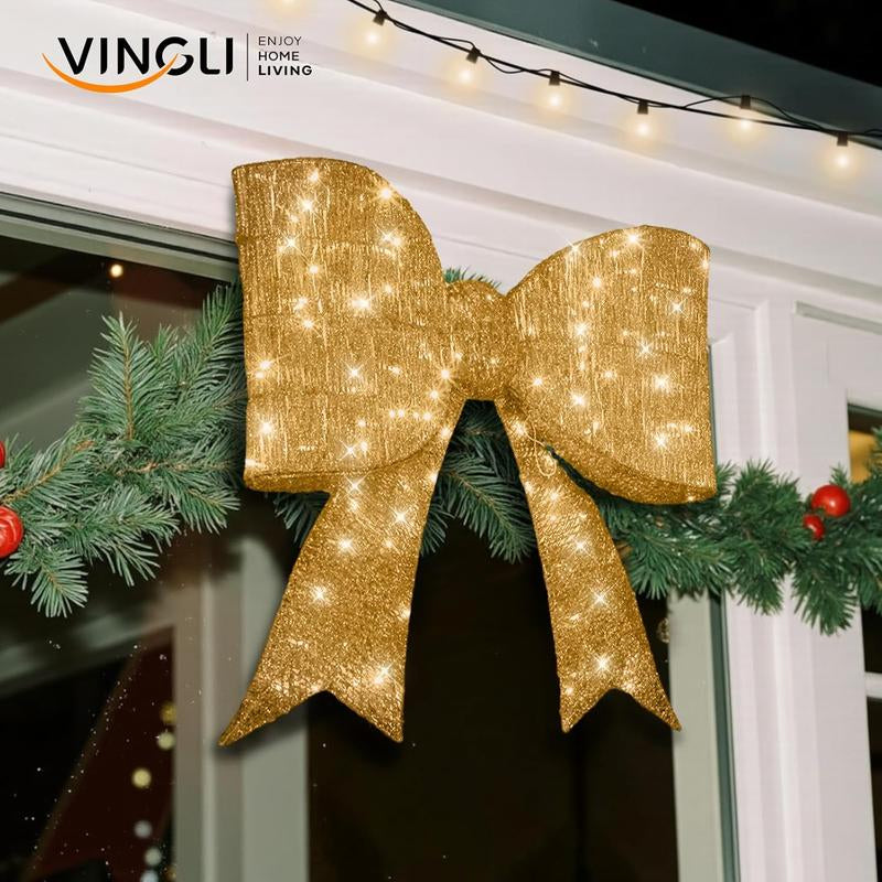 VINGLI Pre Lit Christmas Bow Decoration, Gaint Light up 3D Bow W/Led Light, Large Holiday Decor for Doorway Tree Topper Wearth Garland Stair Railing, Indoor/Outdoor