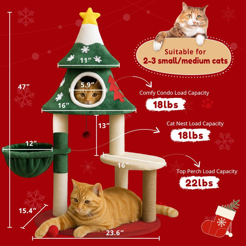 Comhoma 52" Christmas Cat Tree with 2 Cozy Houses,Indoor Modern Cat Tower with Anti-Tip Kit,Plush Perches & Hanging Balls,Holiday Cat Climbing Furniture for Kittens to Play and Sleep