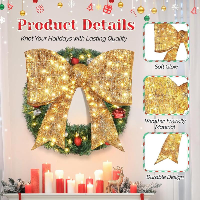 VINGLI Pre Lit Christmas Bow Decoration, Gaint Light up 3D Bow W/Led Light, Large Holiday Decor for Doorway Tree Topper Wearth Garland Stair Railing, Indoor/Outdoor