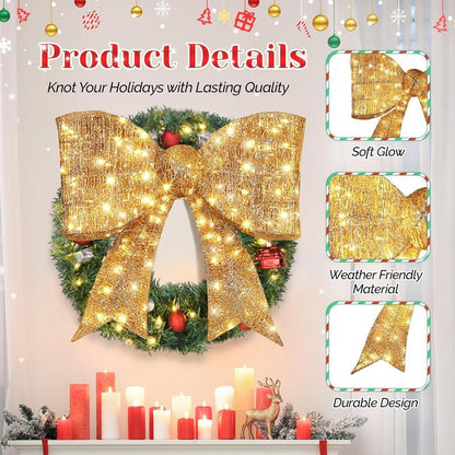 VINGLI Pre Lit Christmas Bow Decoration, Gaint Light up 3D Bow W/Led Light, Large Holiday Decor for Doorway Tree Topper Wearth Garland Stair Railing, Indoor/Outdoor