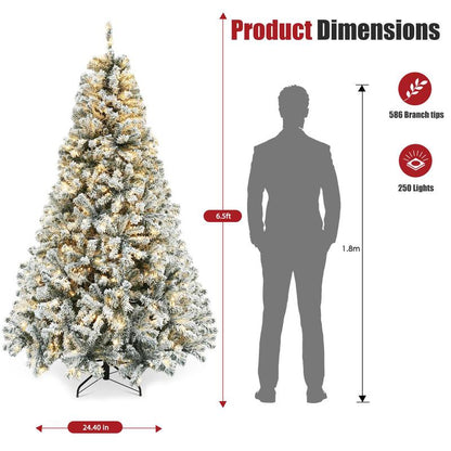 Okicoler 6.5 Ft Pre-Lit Artificial Christmas Tree with 250 Incandescent Warm White Lights, Snow Flocked Full Prelighted Xmas Tree W/850 Branch Tips, Foldable Stand, White Party Decorations Durable Materials Ornaments Backdrop