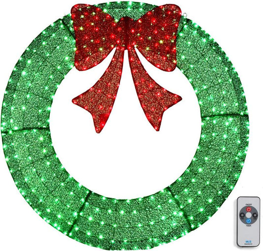 VINGLI 24/36/48/60 Inch Wreath Large Christmas Wreath with LED Multi-Color Lights Pre-Installed for Garage & Outdoor Use Plug-In Control System - Lace Outdoorfun Switch Ornaments