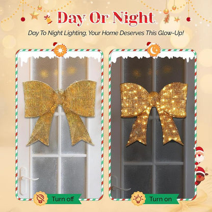 VINGLI Pre Lit Christmas Bow Decoration, Gaint Light up 3D Bow W/Led Light, Large Holiday Decor for Doorway Tree Topper Wearth Garland Stair Railing, Indoor/Outdoor