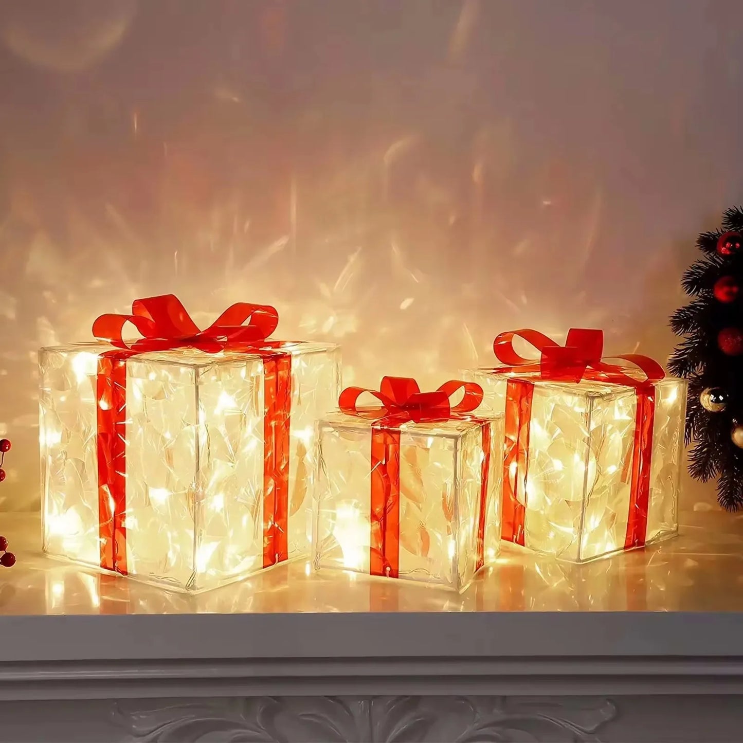 Christmas Glowing Gifts Box Decoration Ornament with Bow Lighting Box Outdoor Light Lighting Xmas New Year 2024 Home Yard Decor
